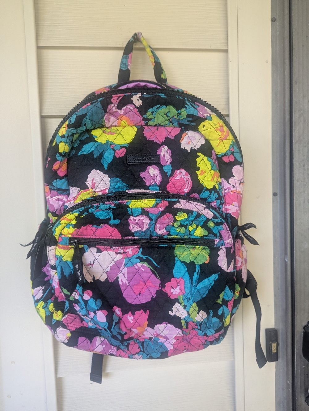 Vera Bradley Floral Quilted Backpack - Black with Pink, Yellow & Teal Flowers
